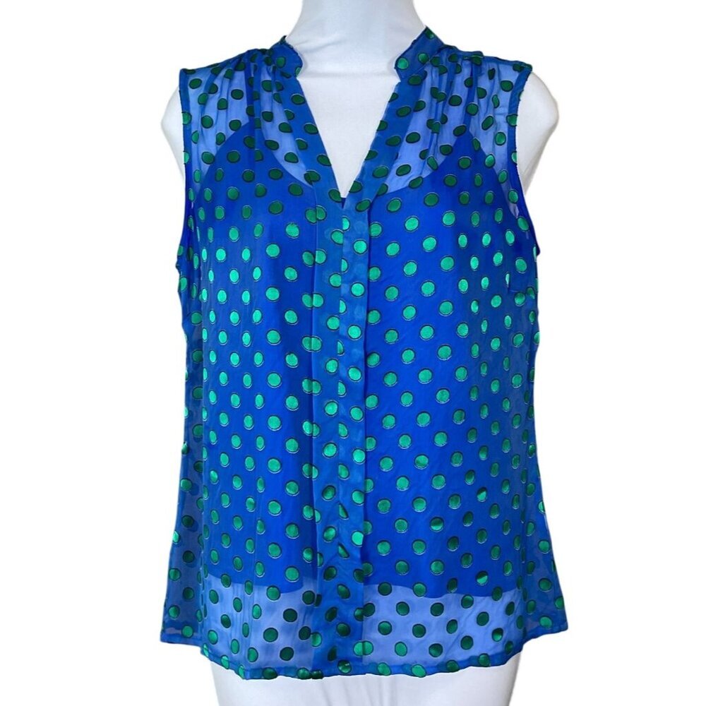 C Wonder Sleeveless Sheer Split Neck Green Polka Dot Pleat Blouse Camisole Small